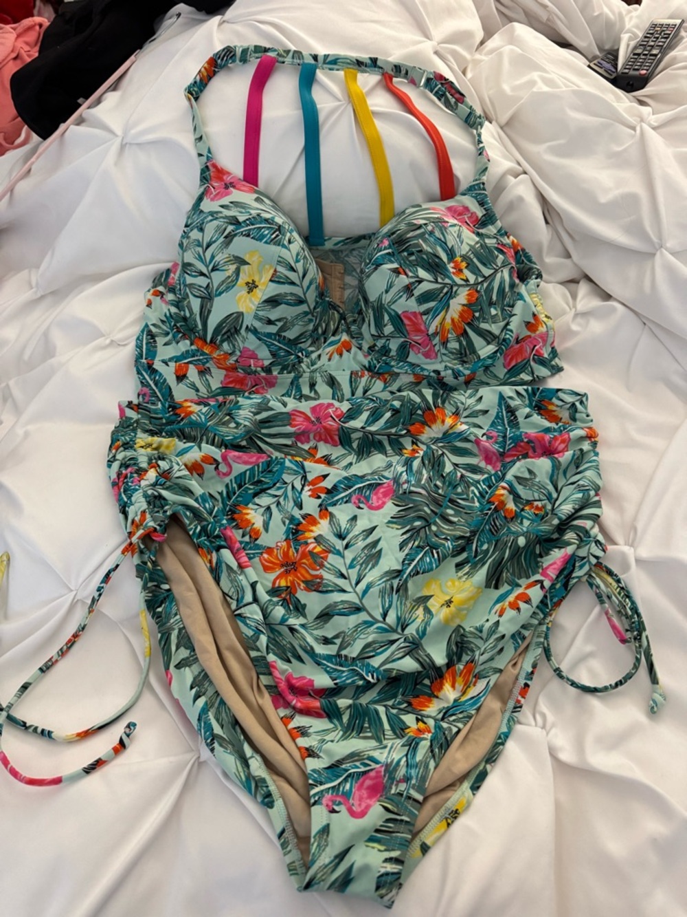 Cacique Tropical Floral Two-Piece Swim w/ Multicolor Back Straps, skirt coverup